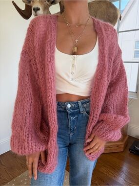 nwt Maiami Handmade Open-Knit Pink Mohair Cardigan